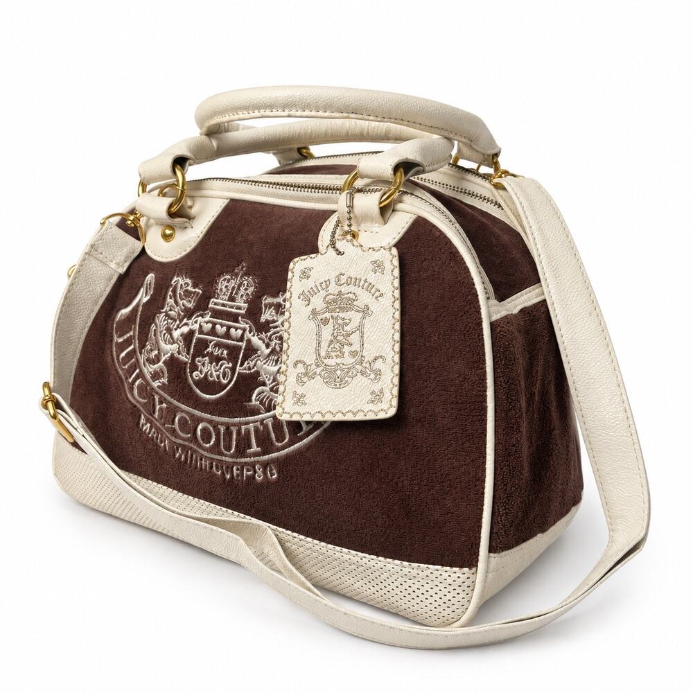 Juicy Couture Y2K Velour Bowler Satchel Bag Brown Cream Gold Womens Shoulder - Picture 3 of 16